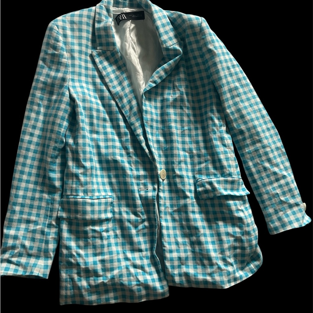 Zara Teal and White Checkered Blazer